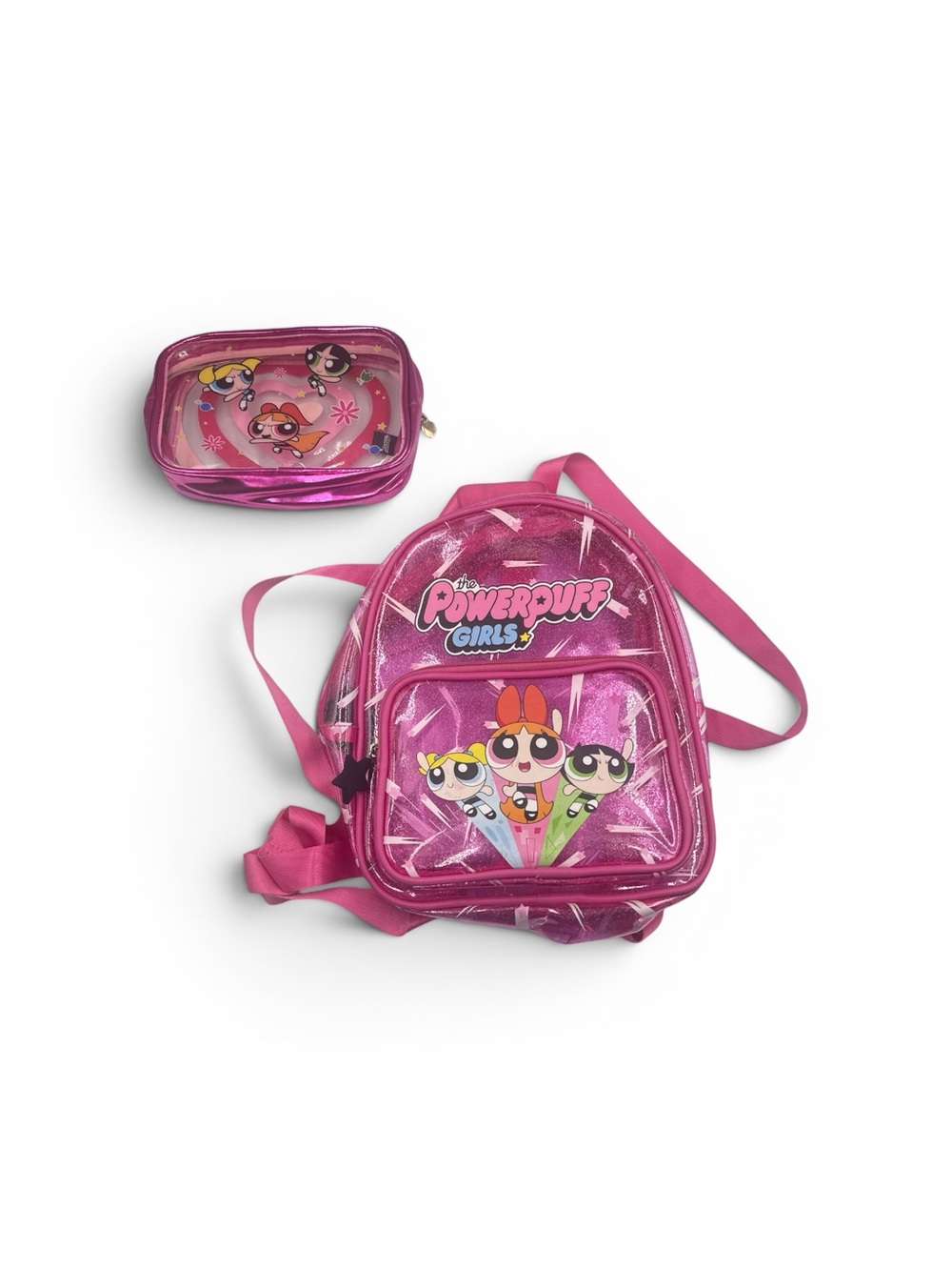 Y2K Powerpuff Girls Pink Glitter Mini Backpack & Matching Cosmetic Pouch Set